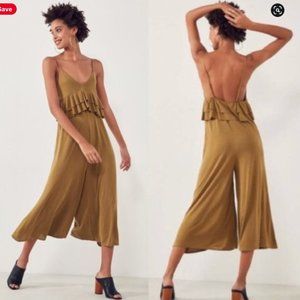Silence + Noise olive green cupro ruffle jumpsuit